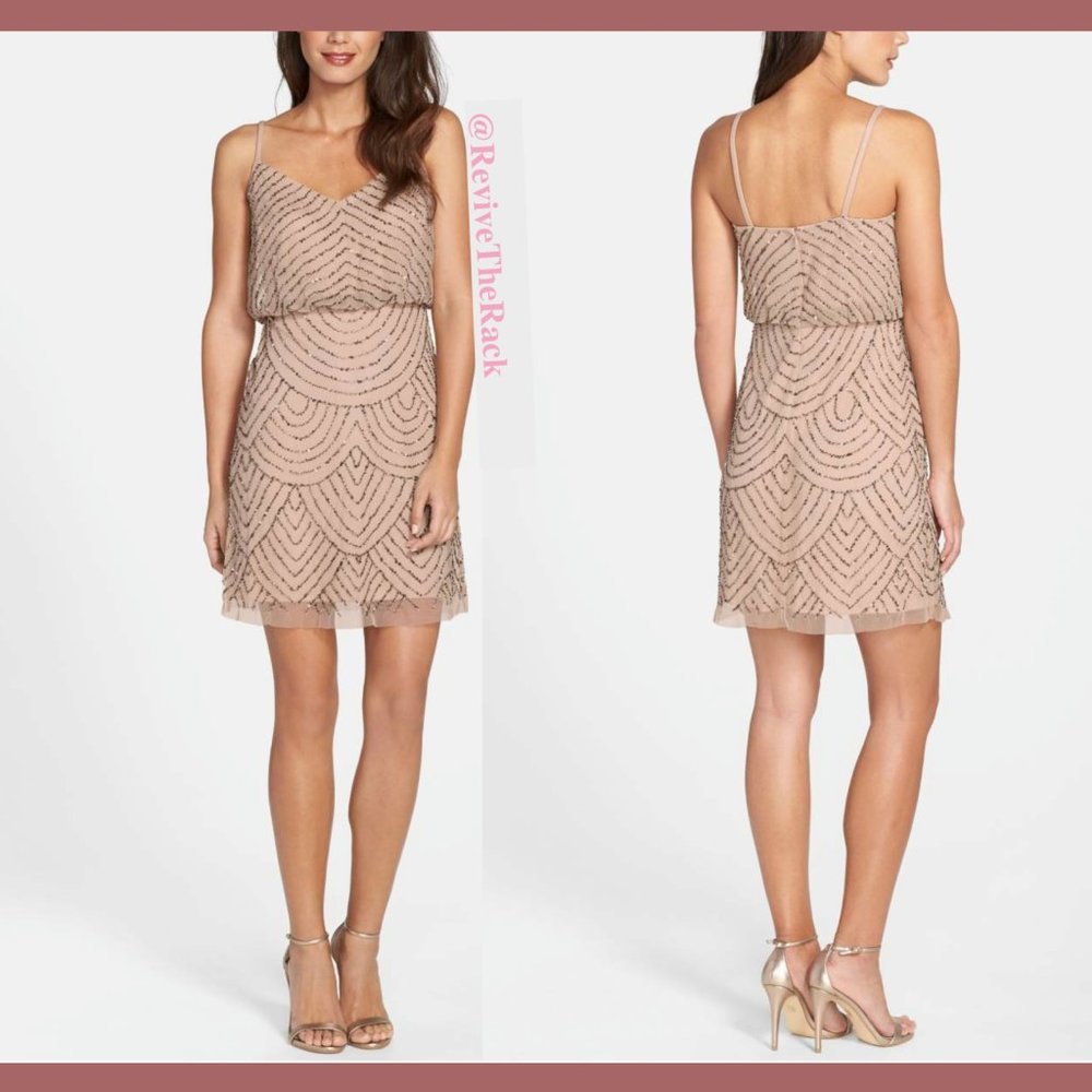 NEW Adrianna Papell Sequin Mesh‎ Blouson Dress in Taupe Pink [SZ 16 ] - Picture 5 of 10